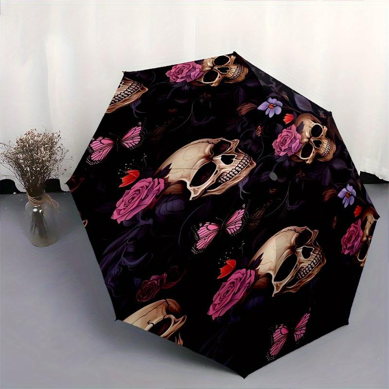 Rose Skull Automatic Folding Umbrella 8 Ribs, Durable Iron Frame, Bright Color Pattern Compact Travel Umbrella, Suitable for Outdoor, Beach