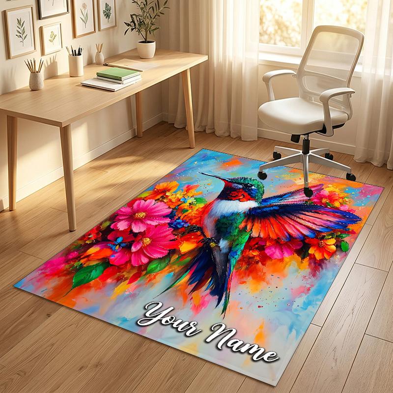 Hummingbird Fantasy Theme Soft Crystal Velvet Rug Custom Name & Text Print Non Slip Floor Rug for Bedroom Living Room