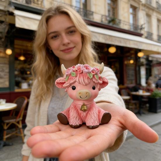 Pink Highland Cow Figurine Resin Highland Cow Statue Small Cute Cattle Sculpture for Garden Table Shelf Kitchen Home Decor