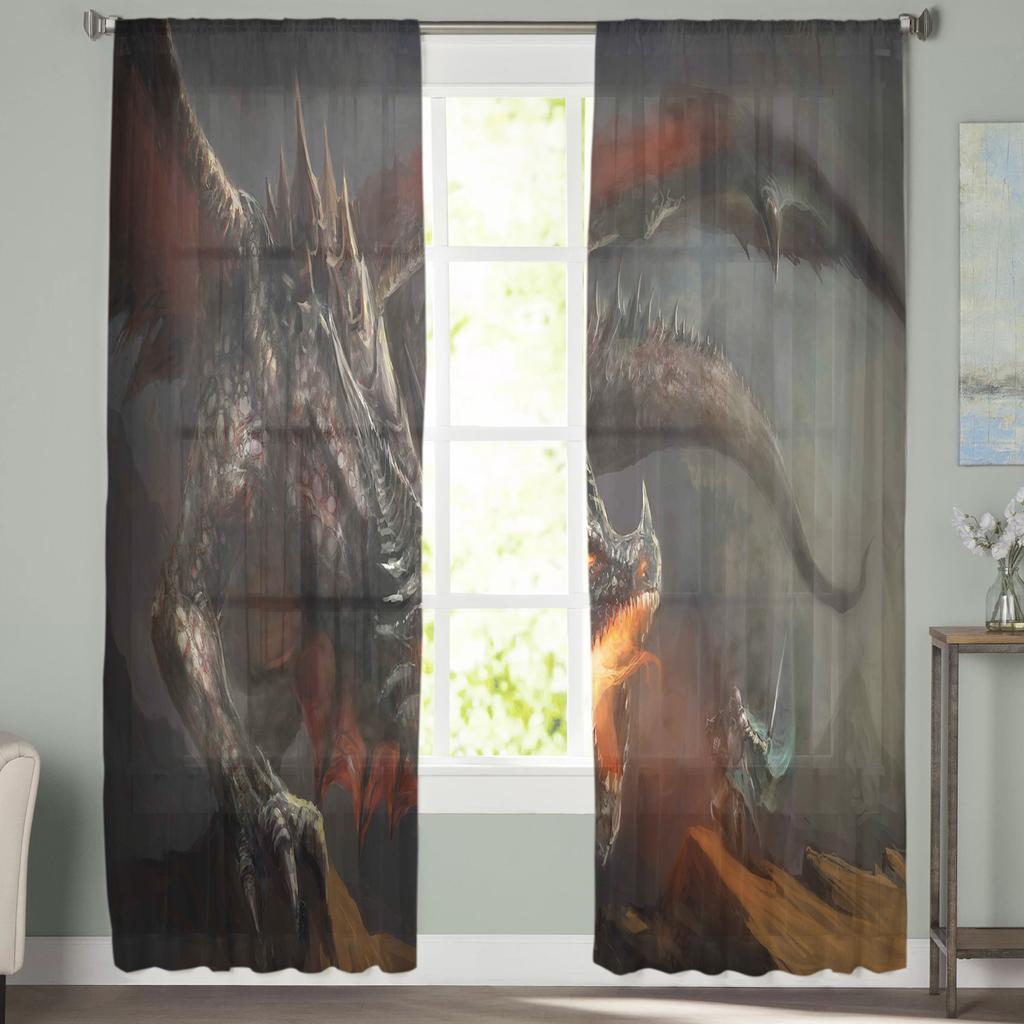 Dragon Warriors Medieval Art Deco Painting Sheer Curtains for Living Room Modern Bedroom Voile Tulle Curtain Window Drapes