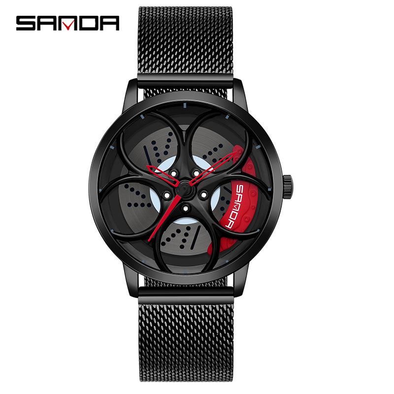 Sanda Men's Fashion Quartz Watch, Mesh Strap, Waterproof, Outdoor Casual, Hollow Wheel Dial.