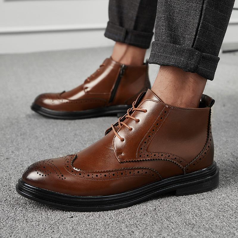 Men Black Ankle Boots Motorcycle Casual Brown Brogues Waterproof Men’s Street Style Boots Wingtip Dress Formal Leather Boots