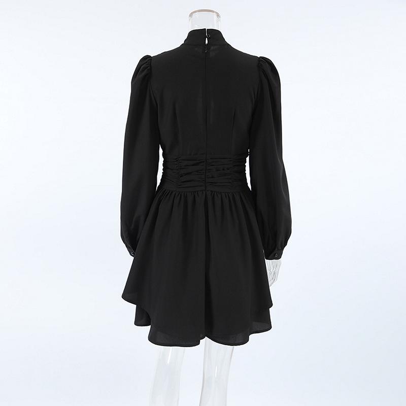 European and American Chiffon New High Neck Long Sleeve High Waist A-Line Dress Fashion Short Dress for Women