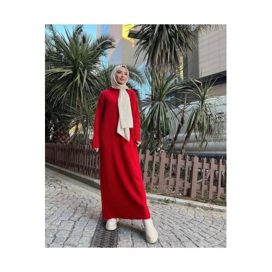 Knitwear Women Hijab Long Sleeve Ribbed Half Neck Long Knitted Dress