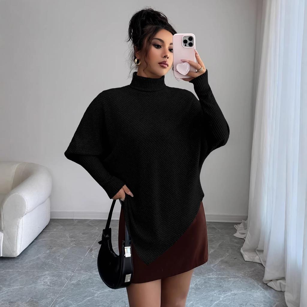 New turtleneck knitted ribbed long-sleeved irregular hem women's top sweater
