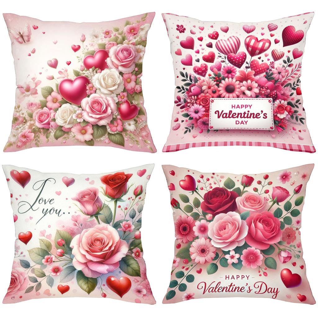 Pink Roses Hearts Valentine's Day Throw Pillows Polyester pillowcase, sofa decorative cushion cov Headboard Pillow