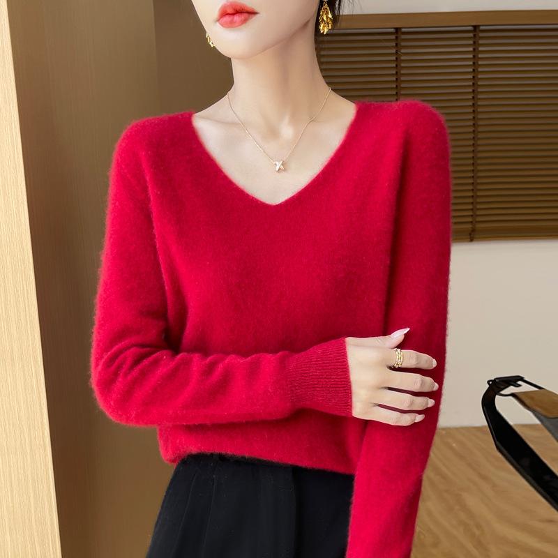 Wool Sweater V-neck Soft Knit Tops Outer Wear Bottoming Shirts for Women