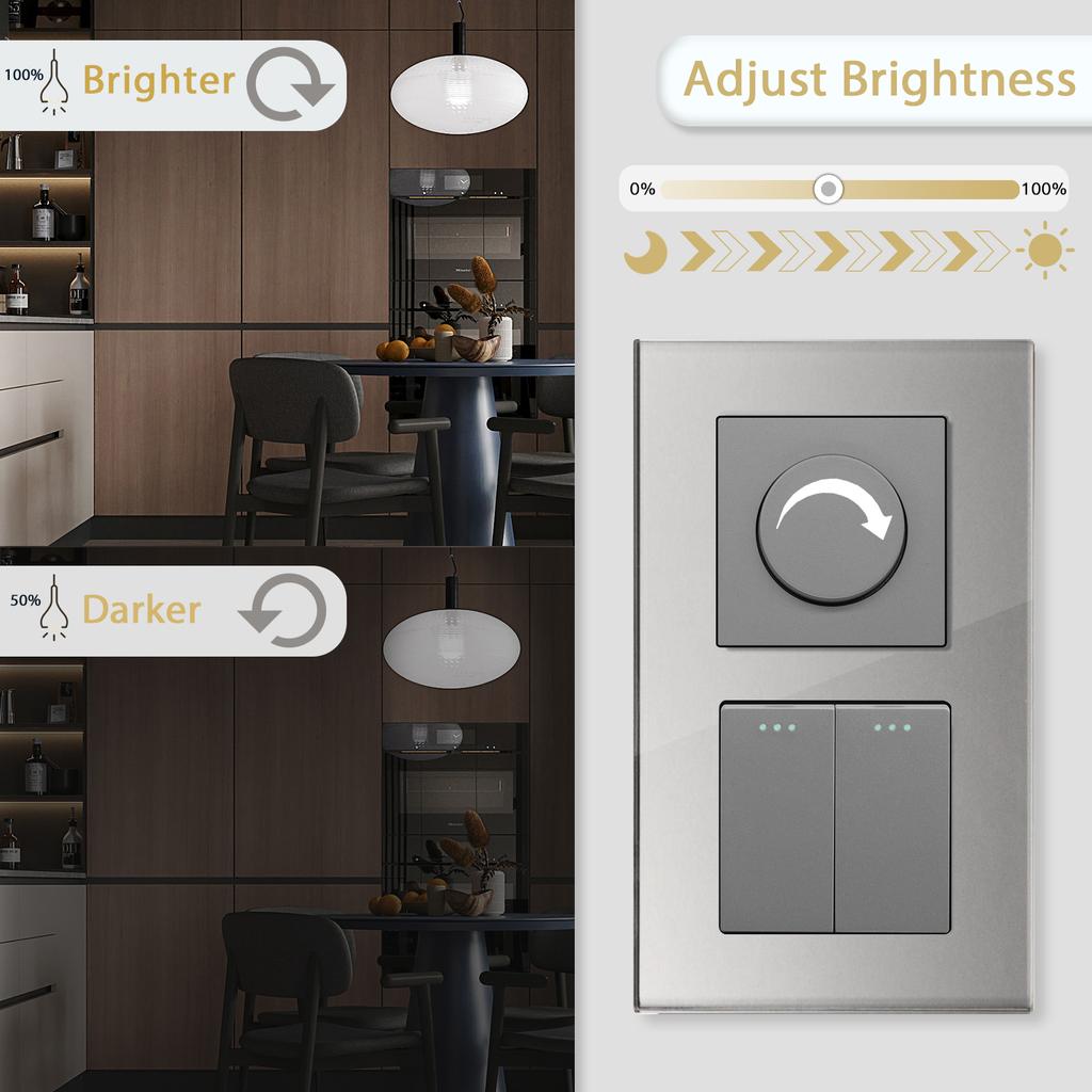 BSEED Mechanical Dimmer Fan Switch With 1/2/3Gang Wall Light Switches EU Socket USB Type-c Power Ports  2.1A Glass Panel