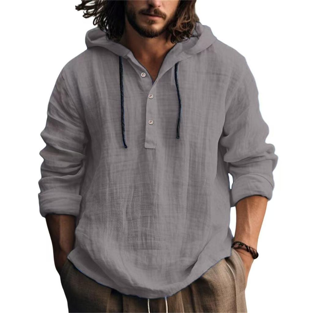 Men's Cotton Linen Hooded Sweatshirt - Casual Solid Color, Long Sleeve, Trendy Autumn Wear