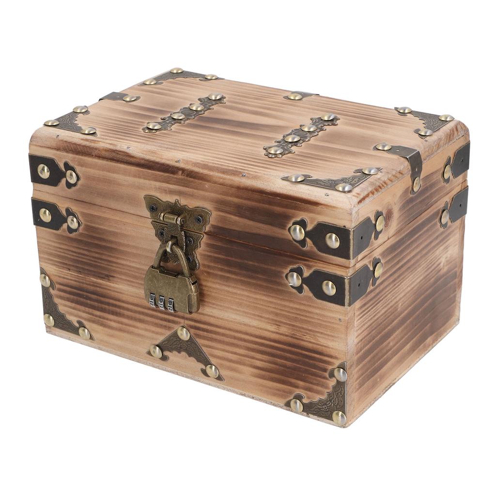 Vintage Wooden Treasure Chest 21.5x15x14cm Antique Decorative Wood Box with Password Lock for