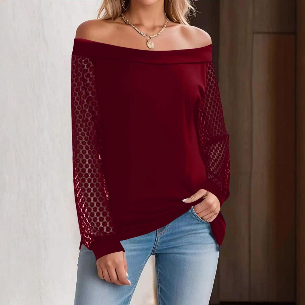 Spring/Summer 2026 Solid Color French Lace Patchwork Lantern Sleeve Crossover Women's T-Shirt