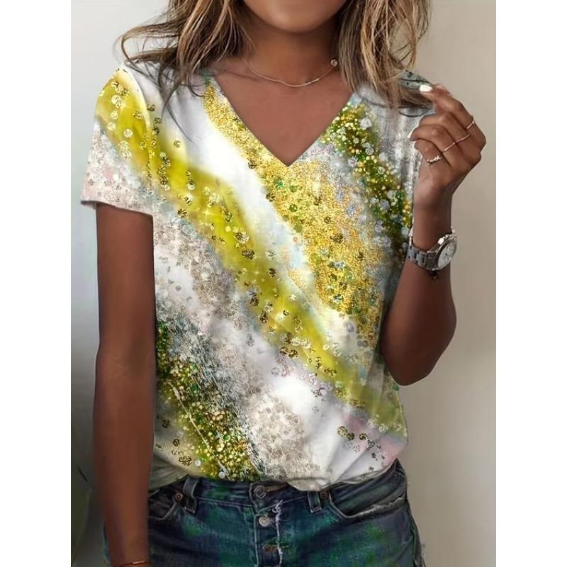 Summer Casual V-Neck Rainbow Printed Short Sleeve Women's T-Shirt Top