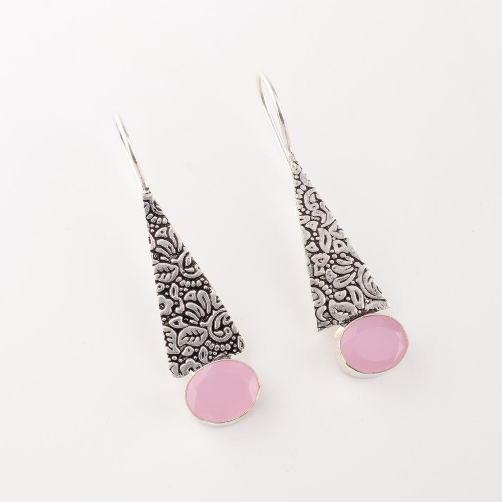 Naturalny Kamień Chalcedon Różowy Srebro Próby 925 Biżuteria Ręcznie Robione Kolczyki 1,9" EE-165-18