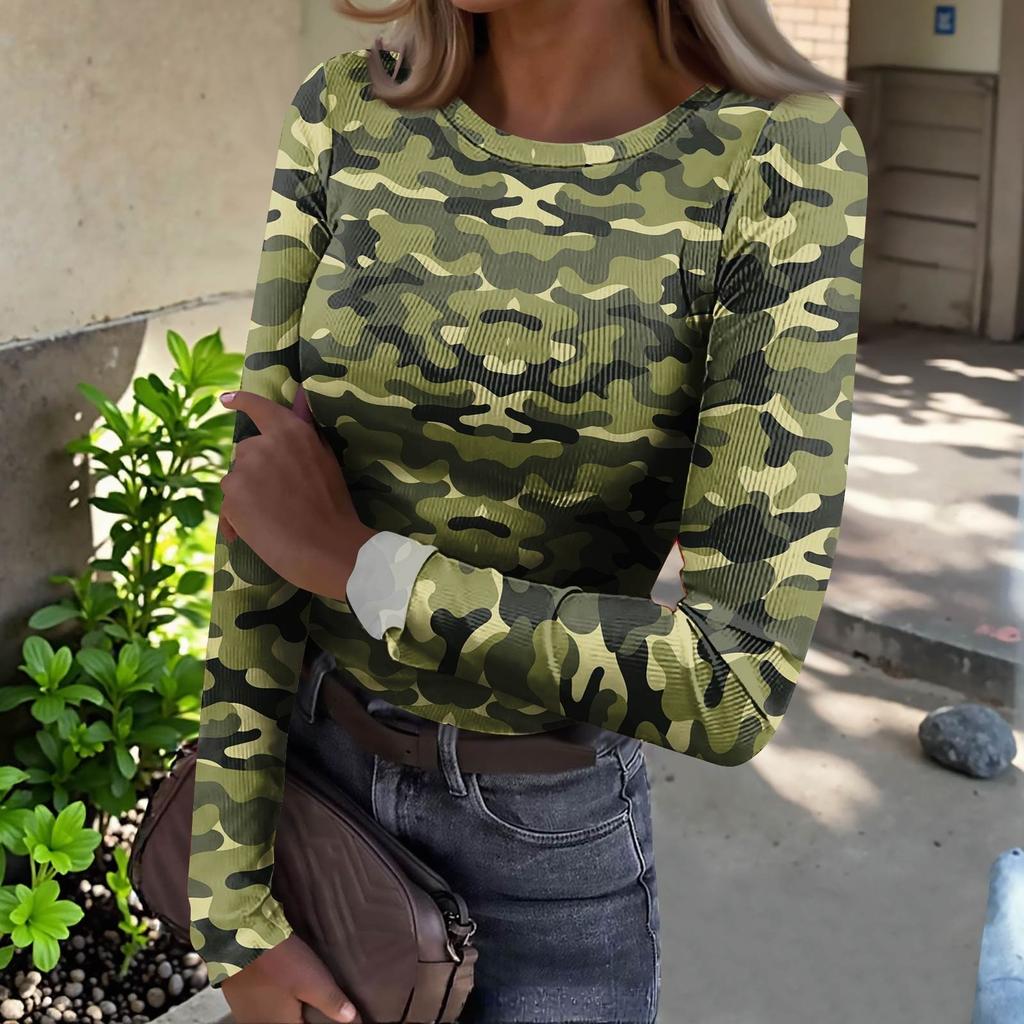 Women's  Slim Bottom T-shirt Fashion Casual Gradient Printing Round Neck Pullover Long Sleeve Top