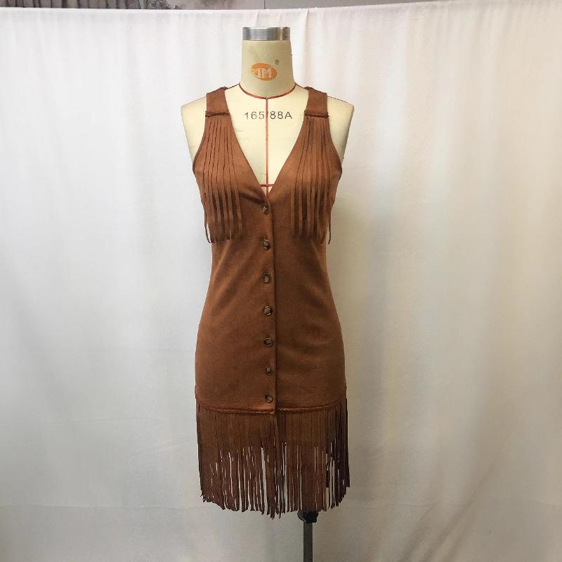 Deep V-strap Sexy Tassel Dress Fashion Summer Sleeveless Party Slim Fit Short Dress Streetwear Elegant Buttons Solid Color Casual Clothing