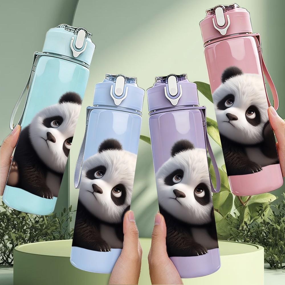 1PC Cute Black White Panda Bear Print 750ml Color Plastic Sports Water Bottle Leakproof Flip Straw Lid Suitable for Sports Office Home Use