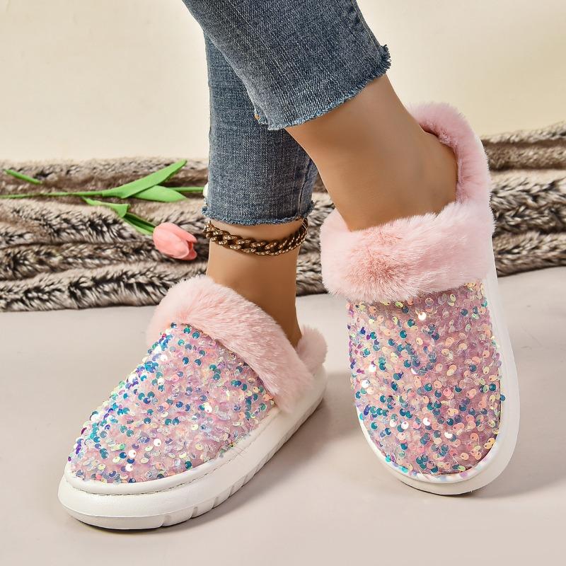Herbst und Winter Damen dicke Sohle verdickte Plüsch Schneestiefel paillettenverziert beliebt große Größe Baumwollpantoffeln