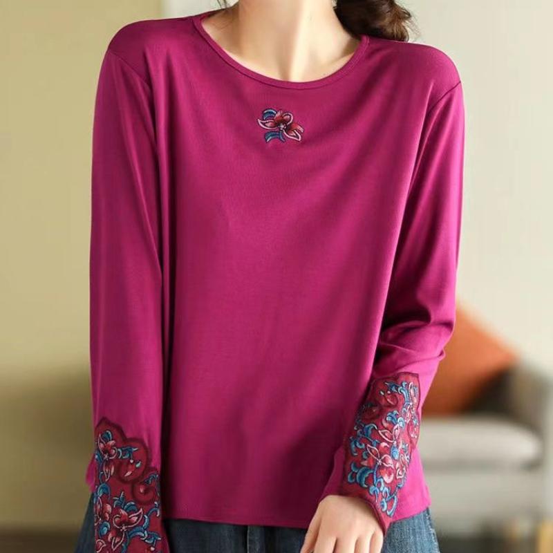 Bavlněný pulovr s kulatým výstřihem v etnickém stylu Vyšívané tričko s dlouhým rukávem Dámská košile na podzim