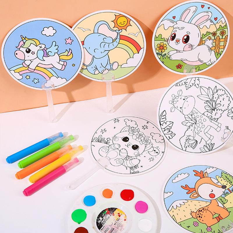 5/10pcs Mini Round Fan Paper Portable Cartoon Pattern DIY Graffiti Children Drawing Summer Household Daily Necessities TMZ