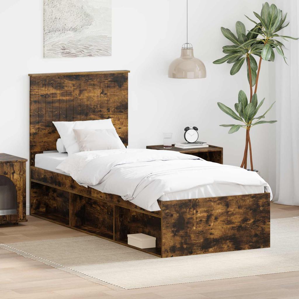Bed Frame Smoked Oak 75 X 190 Cm Solid Pine Wood