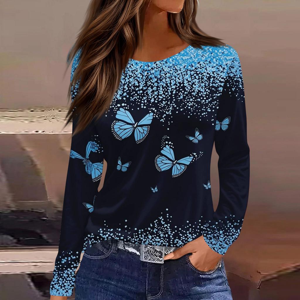 Women's Fashion Casual Slit Hem Round Neck Long Sleeve Loose Printed T-Shirt Ladies Top