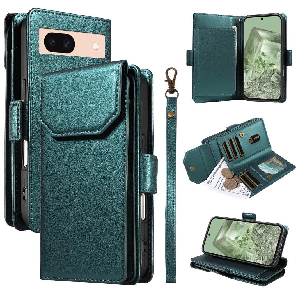 For Google Pixel 8a Case with Multi-Card Holder and Strap PU Leather Phone Cover Stand