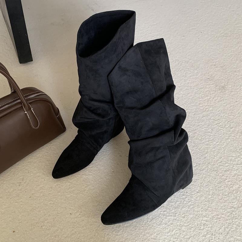 Fashion Flats Women High Boots Suede Pointed Toe Designer Shoes Winter Luxury Dress Woman 2025 New Fashion Sexy Chelsea Botas De Mujer