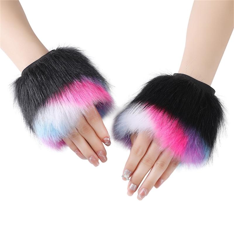 Fingerless Rainbow Fleece Gloves For Winter Soft Plush Warmth Unisex Design Colorful Bear Cosplay