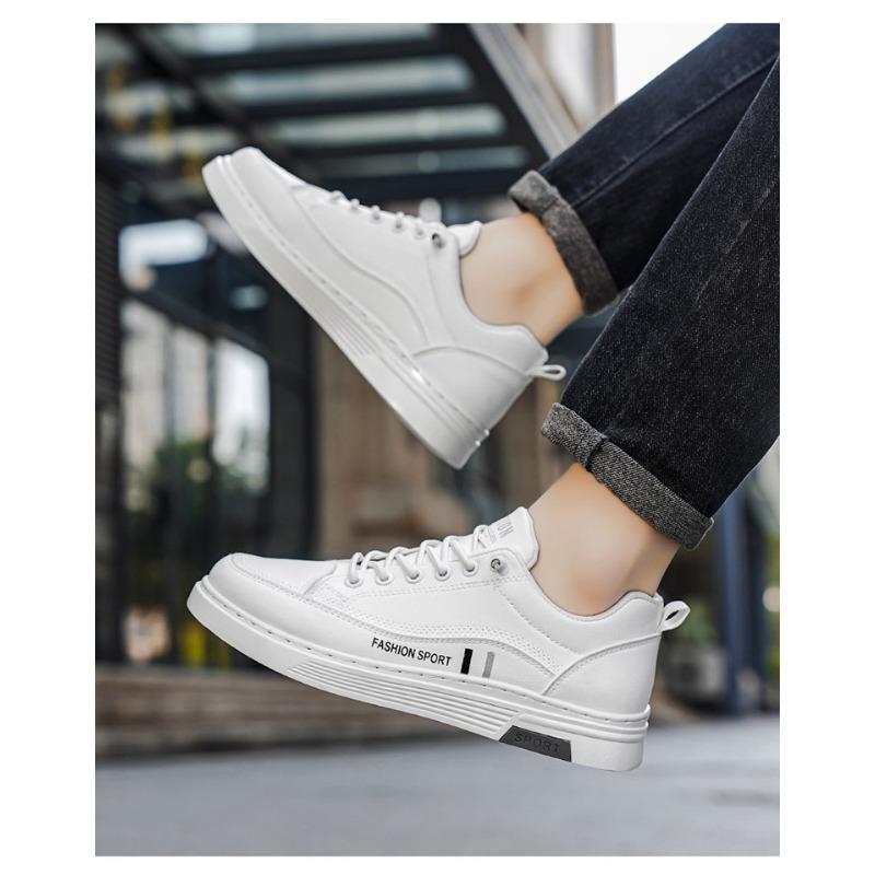 Mens Fashion Versatile Thick Sole Leather Low Top White Casual Board Shoes