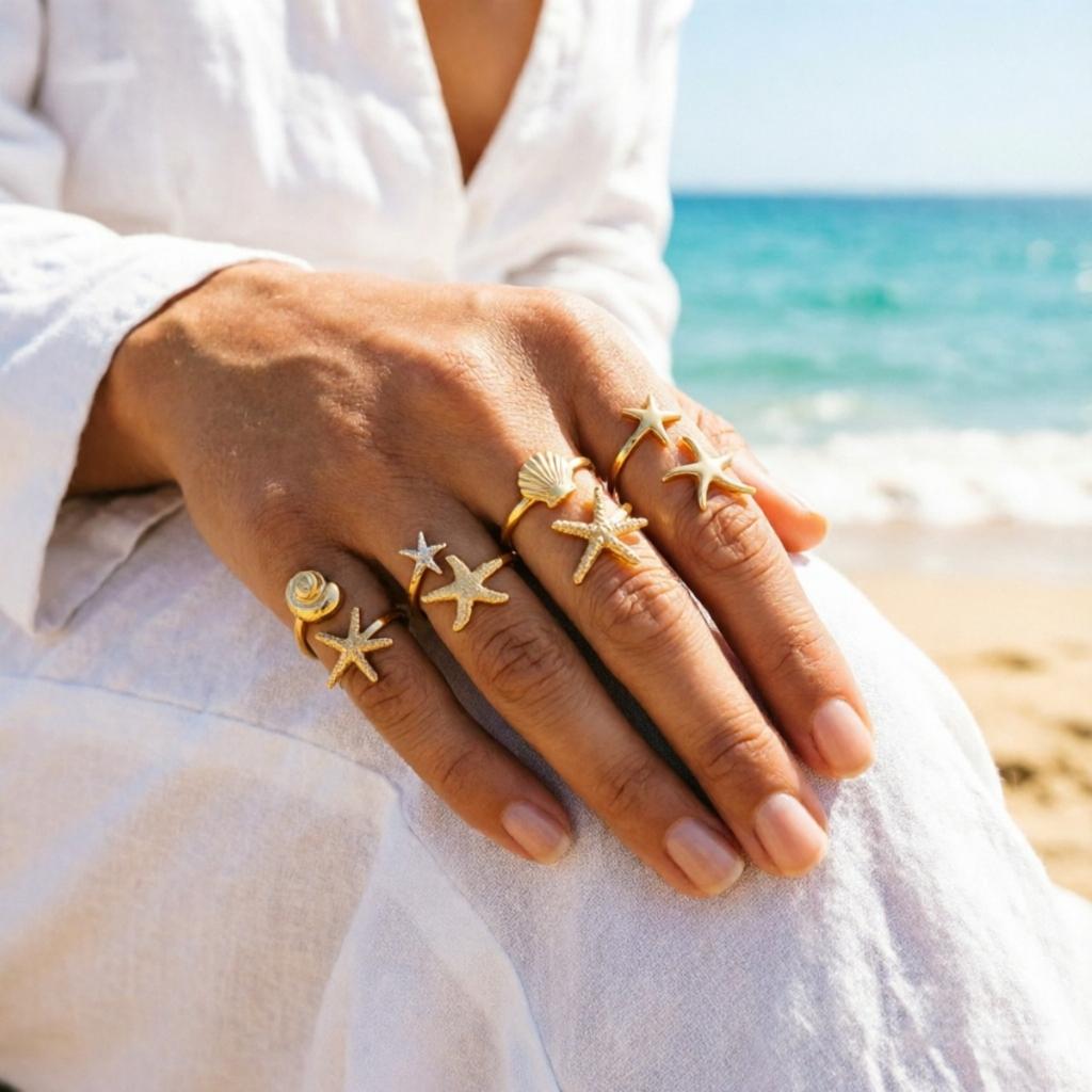Boho Ocean Beach Summer Starfish Shell Conch Rings Set For Women Men Metal Sea Star Stackable Finger Ring Vacation Party Zircon