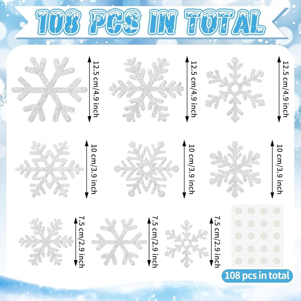 Fuutreo 108 Pcs Snowflake Cutouts Winter Glitter Paper Decorations Bulletin Board Decor 3 Size Cutouts for Winter Holiday Party Wonderland