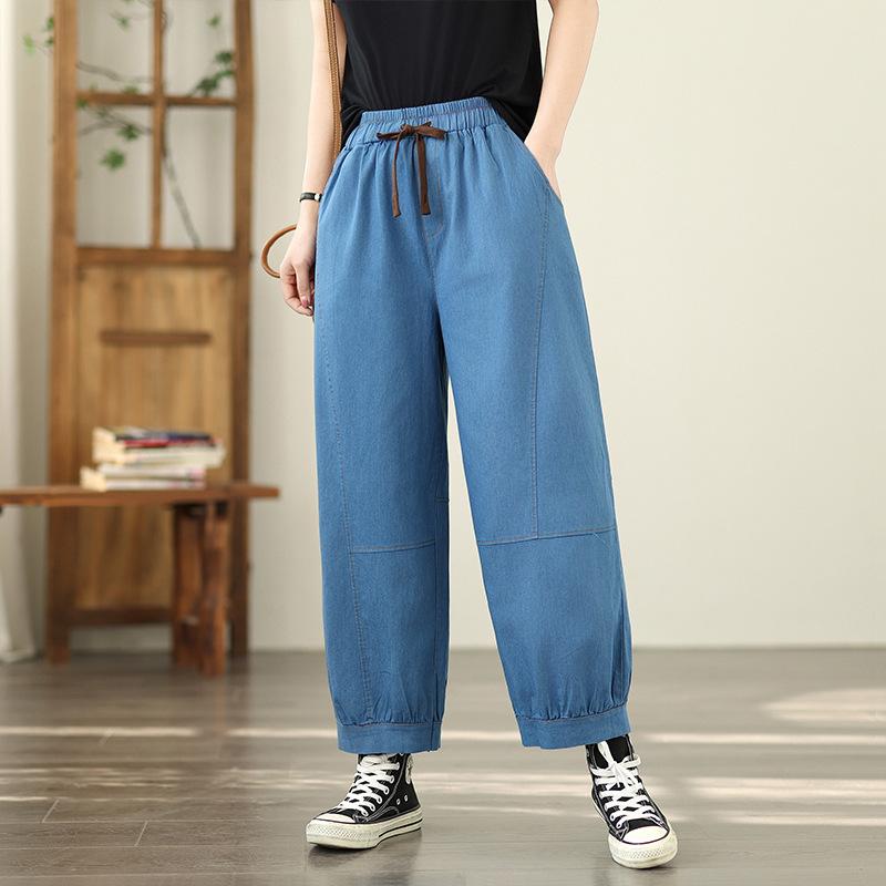 Elastic High Waist Denim Pants Female Summer 9-inch Jean Pants Solid Color Casual Women Harem Pants 2025