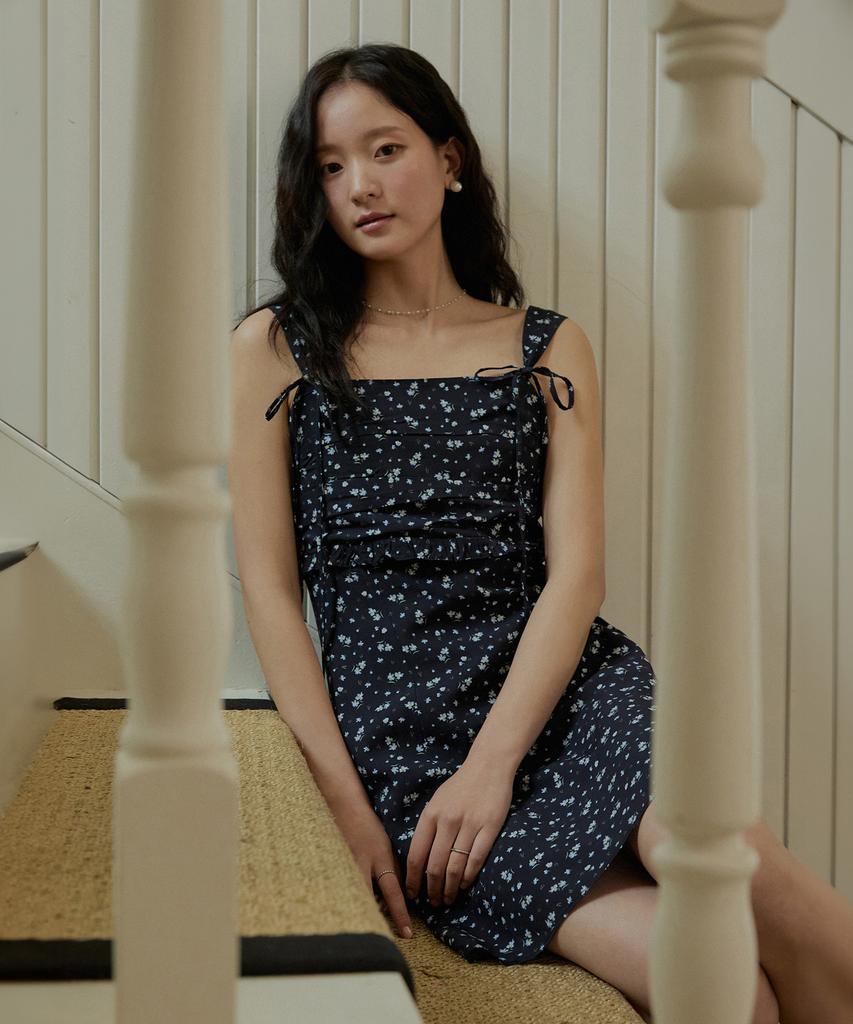 ADAUL Flower Pattern Shirring Mini Dress - Navy