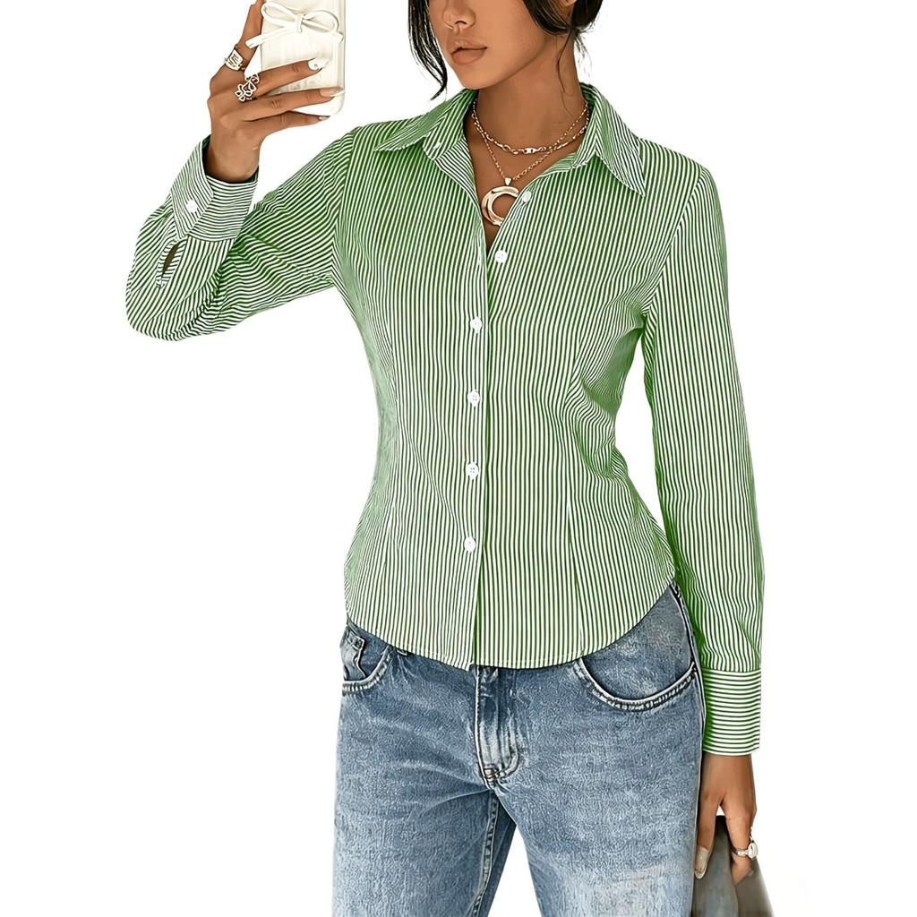 Blouses & Shirts - Spring Autumn Women's Vertical Striped French Long Sleeve Shirt, Design Sense Slim Waist Fitted Blouse Women, Crossborder Top