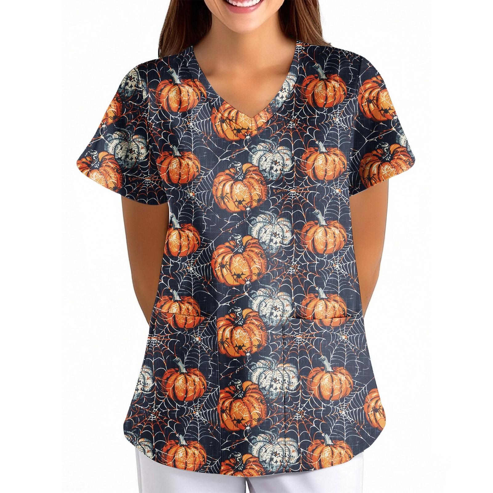 Women s Halloween Printed Loose V-Neck Pocket Short SleevUniform  Uniform L чёрный