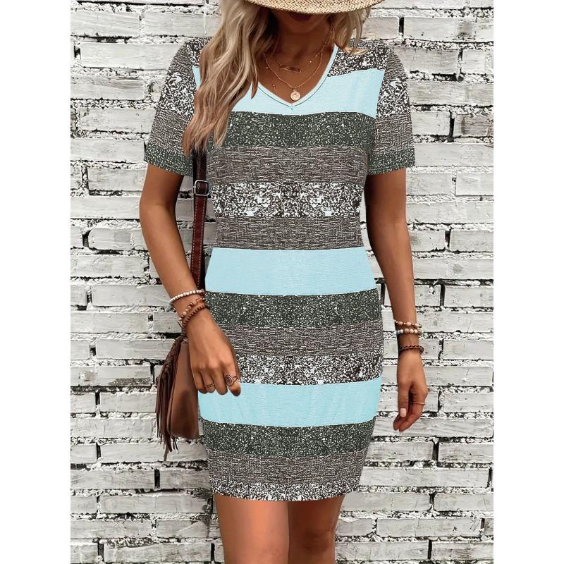 

Women s Striped and Printed Fashionable and Casual V-neck Short-sleeved Dress XXL синій