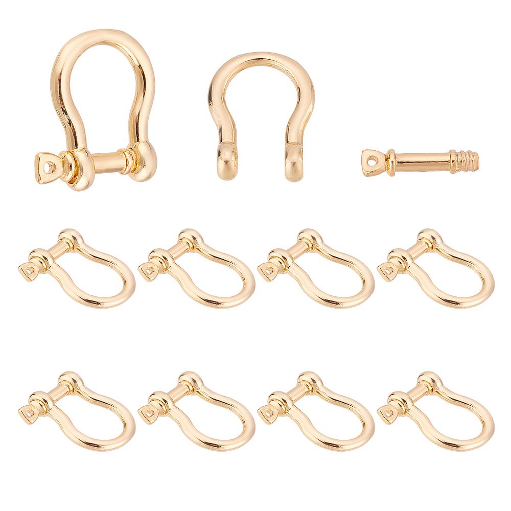 10 Sets Brass D-Ring Anchor Shackle Clasps, for Bracelets Making, Nickel Free, Real 18K Gold Plated, 18x16x5mm, Hole: 1.2mm