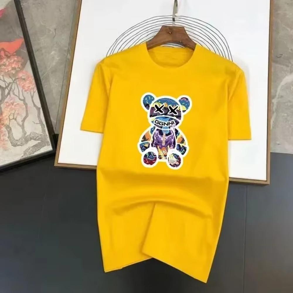 2024 Summer New Men's 100% Cotton Little Bear Print High Quality Casual Retro Homestay Gym Fashion Round Neck Top S-4XL