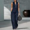 Women's Stand Collar Sleeveless Loose Fit Jumpsuit with Zipper Front and Stitching for Casual Wear