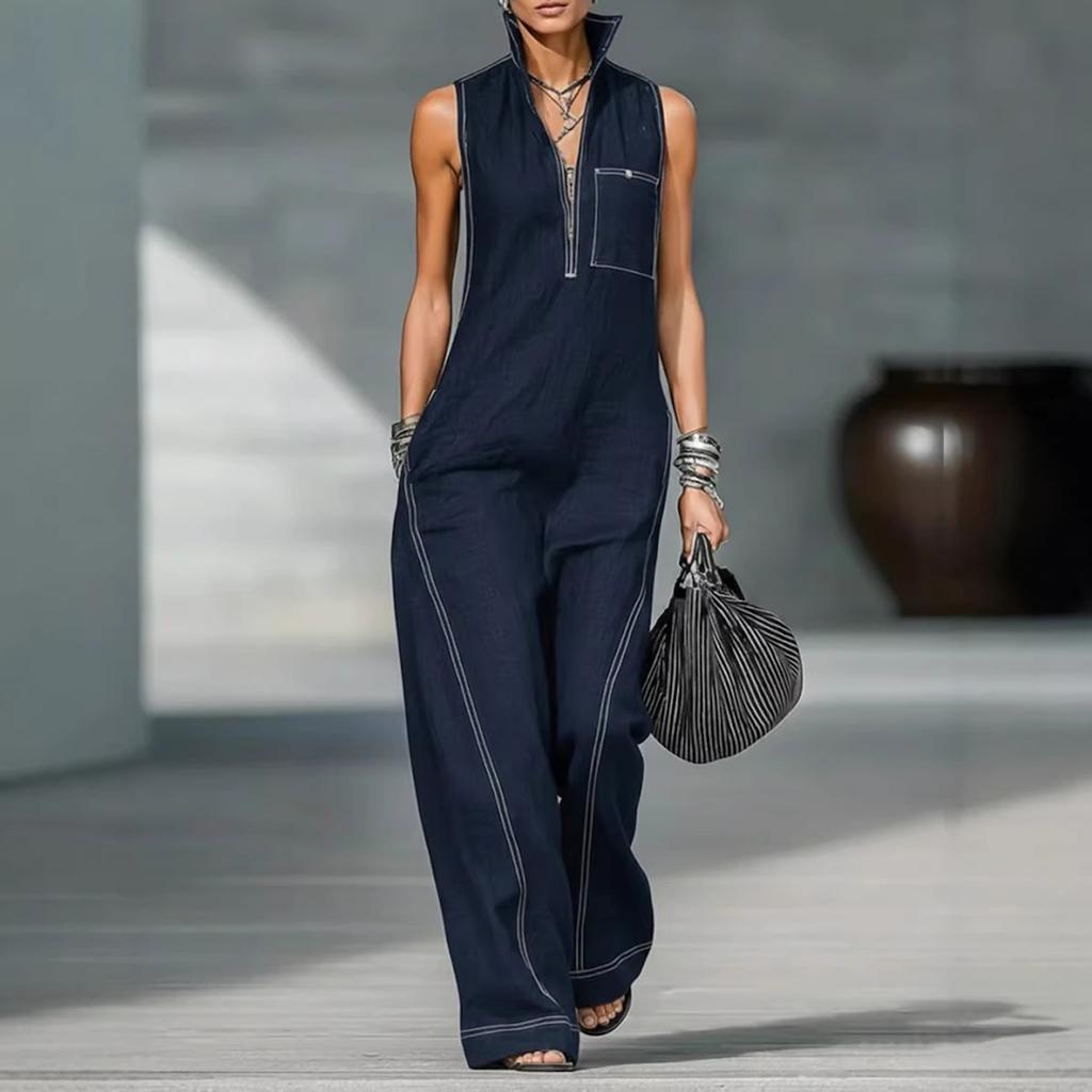 Women's Stand Collar Sleeveless Loose Fit Jumpsuit with Zipper Front and Stitching for Casual Wear