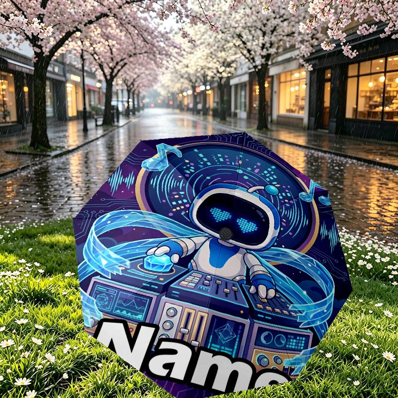 Custom Name Personalized Cosmic Bot Crew Print Umbrella, Auto Open Close, 8‑Rib Sturdy Frame, Commute Camping Hiking Use, Birthday Gift