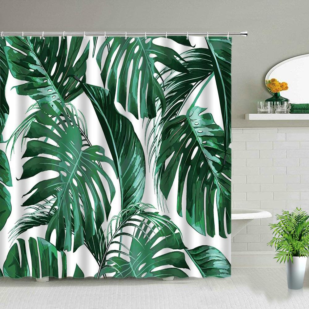 Green Leaves Shower Curtain Monstera Leaf Tropical Plant Spring Bathroom Curtain Bathtub Decor Waterproof Fabric with Hooks
