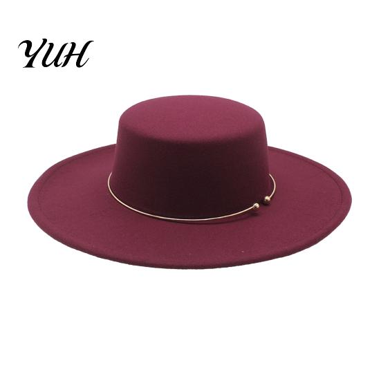 Retro Flat Top Hat Hat, Wool Felt Pork Pie Bowler with Elegant Metal Ring, Wide Brim Trilby for Women Men Autumn Winter Warm Fedora