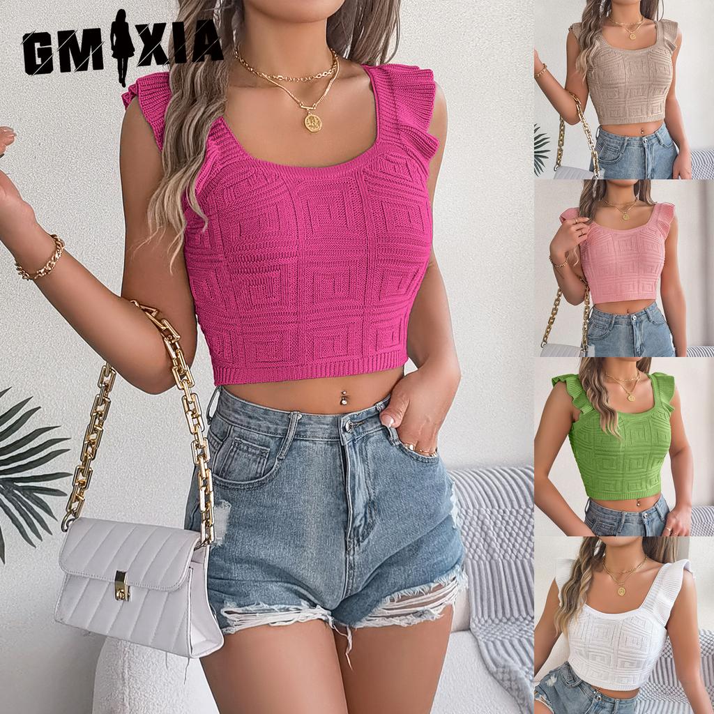 GMXIA Spring Summer Solid Color Square Neck Black Ear-trimmed Sleeveless Knitted Sweater Crop Top Women's Clothing