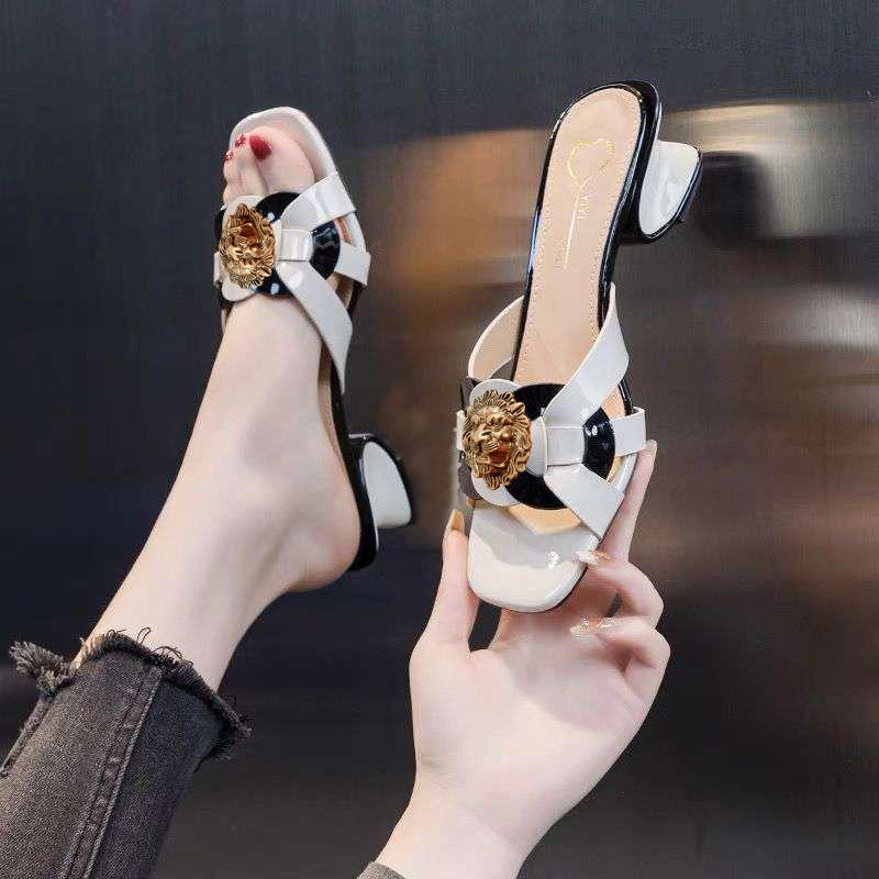 New Summer Mid-heeled, High-heeled and Thick-heeled Sandals for Women, One-shoulder Genuine Leather Slippers A60