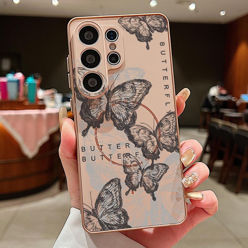Magnetic For Magsafe Case For Samsung Galaxy S26 Ultra S25 Edge S24 Plus S23 FE S22 A54 A55 A56 5G Retro Butterfly Print Matte Cover