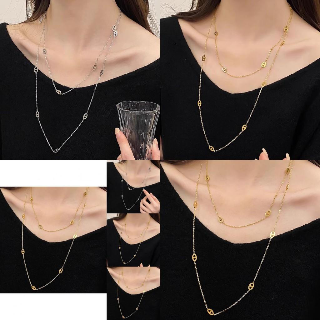 Fashionable 120cm Layered Titanium Steel Necklace For Women With Trendy Double Rings