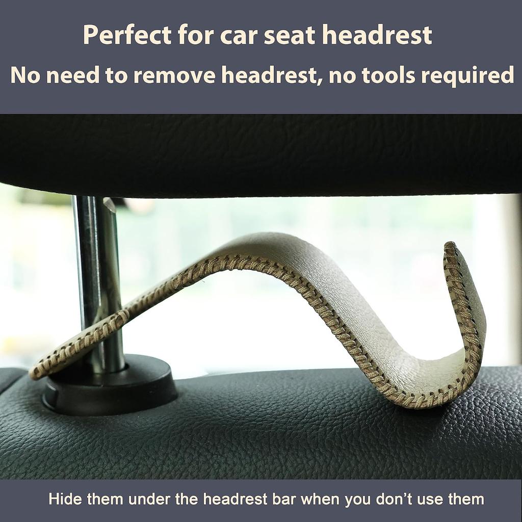 Amooca Car Seat Headrest Hook Universal Vehicle Storage Hanger Leather With Metal Car Seat Back Organizer For Handbag Purse Coat Beige 4 Pack