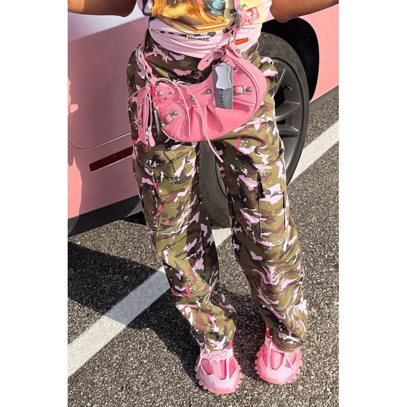 Womens High-Waisted Camo Cargo Pants With
