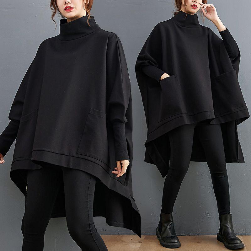 Store Størrelser Dame Uregelmessig Casual Svart Rullekragetopp Løs Høst Vinter Langermet Topper Oversized Genser